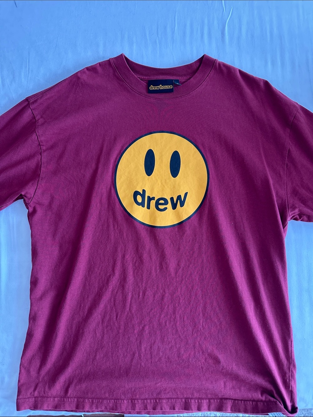 drew house Burgundy Tee with Yellow Smiley Graphic